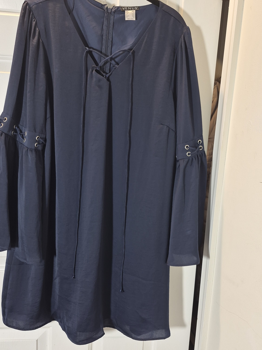 VENUS Navy Lace-Up Long Sleeve Tunic Dress
